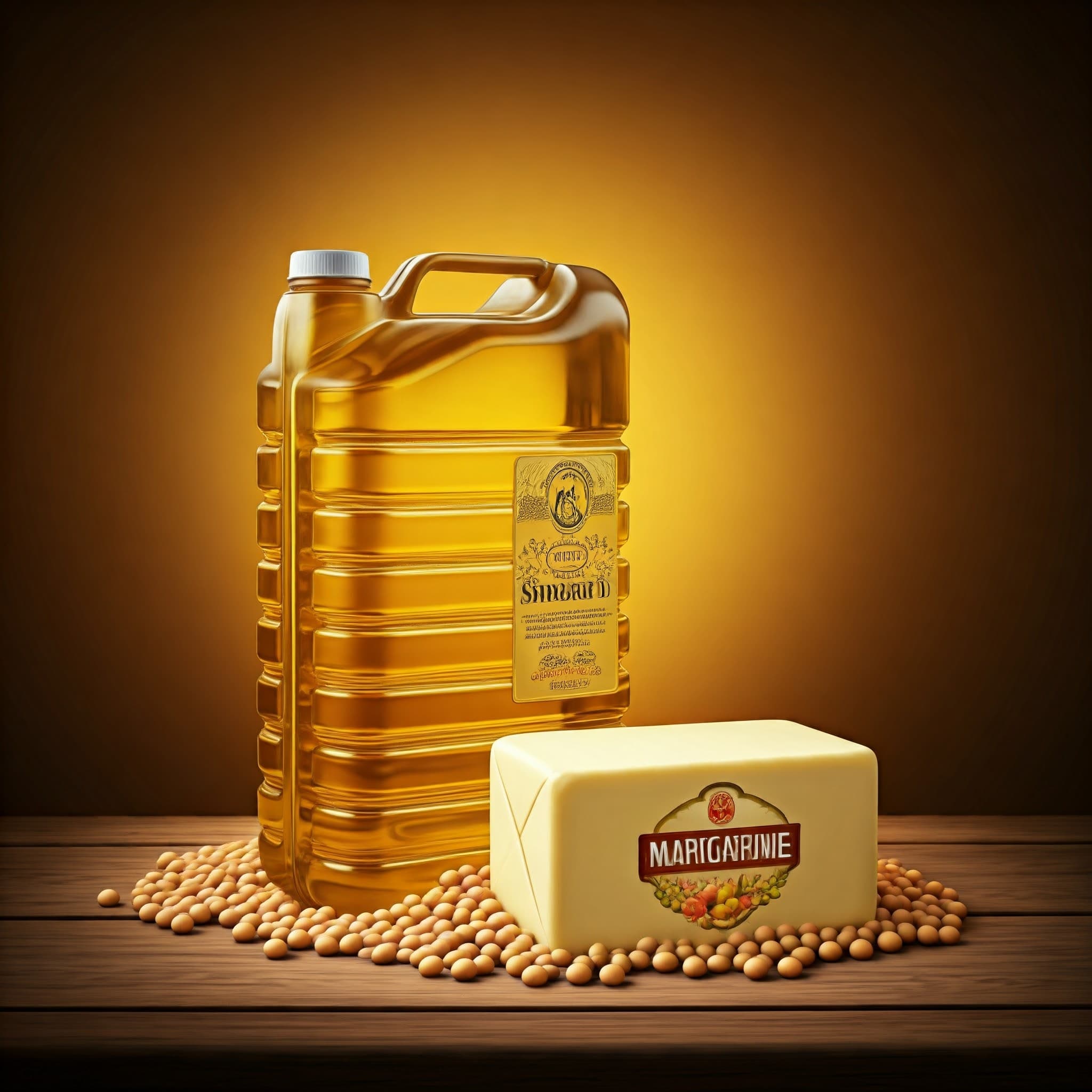 Ein Kanister gefüllt mit Roh-Sojaöl. Neben dem Kanister steht Margarine, die mit Roh-Sojaöl als Zutat hergestellt wurde. (KI-generiertes Bild)