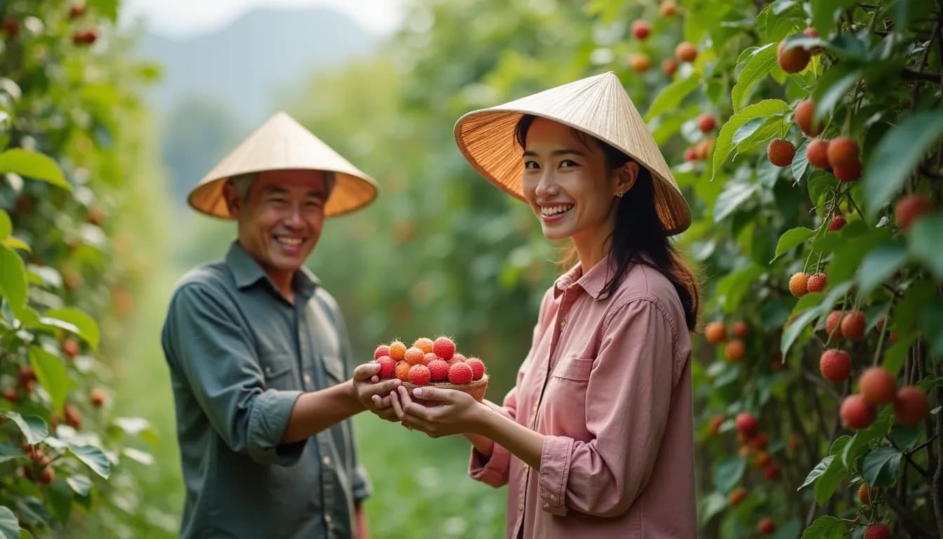 越南农民采摘荔枝（AI生成图像）
