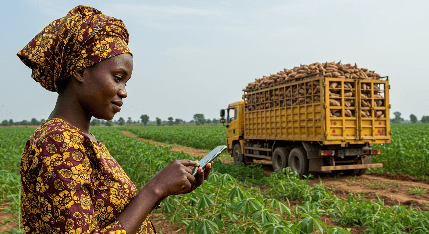 Nigerianische Bäuerin nutzt eine mobile App, um den Transport frischer Maniokwurzeln per LKW zu überwachen (KI-generiertes Bild)