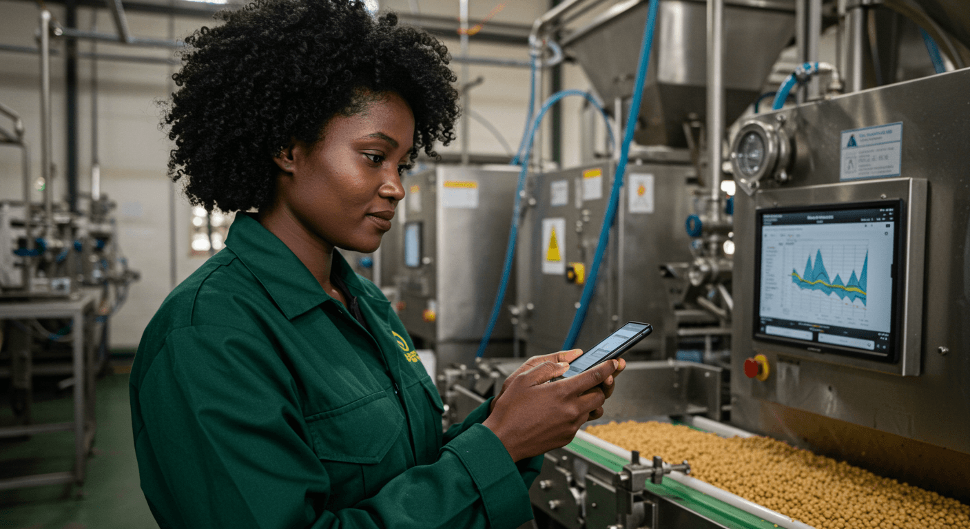 Tansanische Ingenieurin nutzt eine mobile App, um die Produktion von Sojaöl zu überwachen (KI-generiertes Bild)