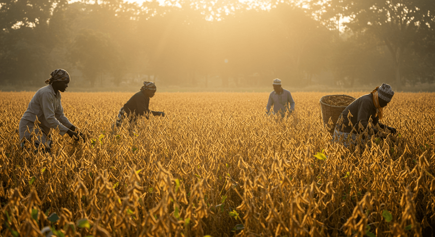 Agricultores nigerianos colhendo soja (imagem gerada por IA)