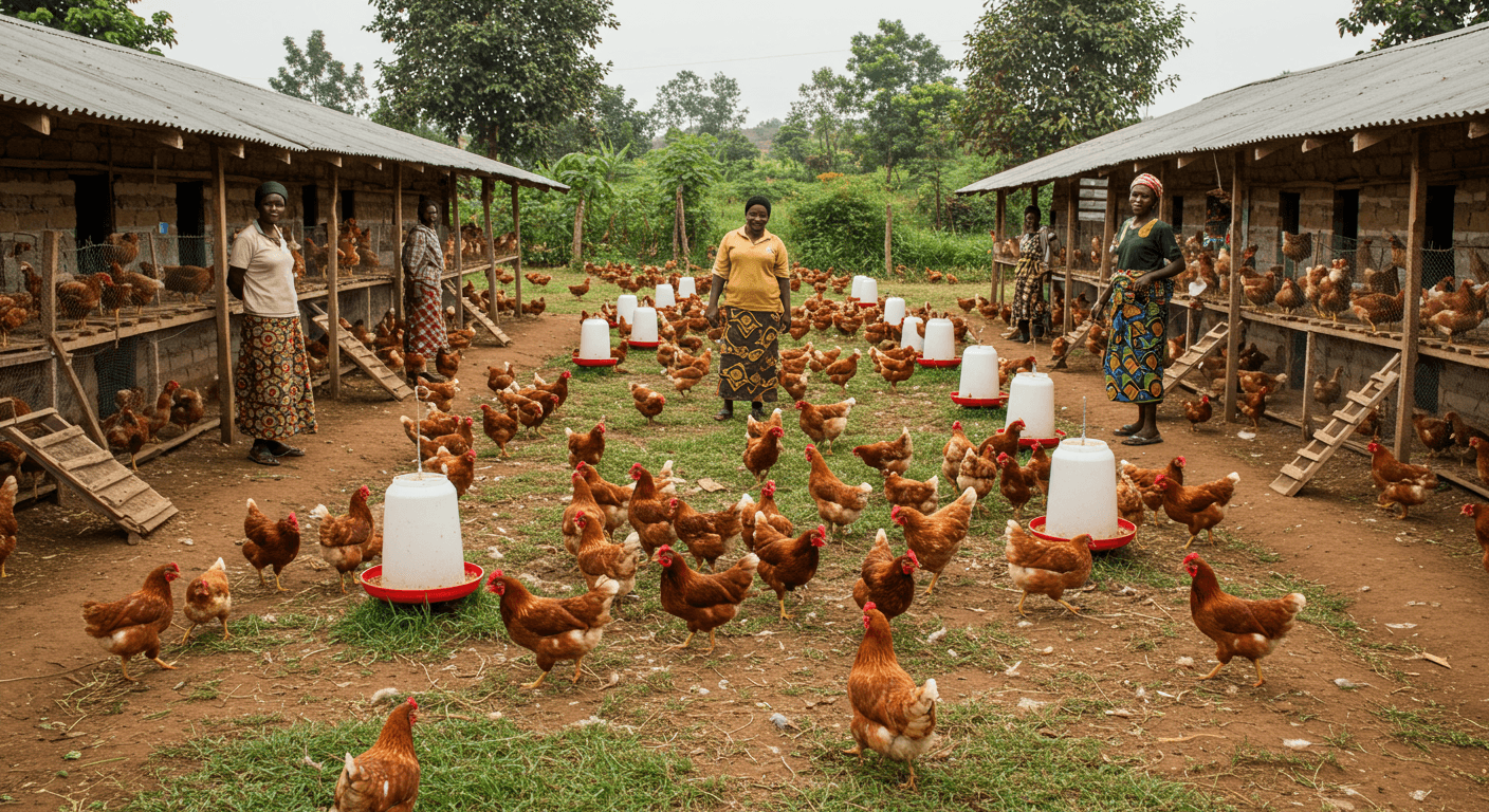 Granja de pollos en Uganda (imagen generada por IA)
