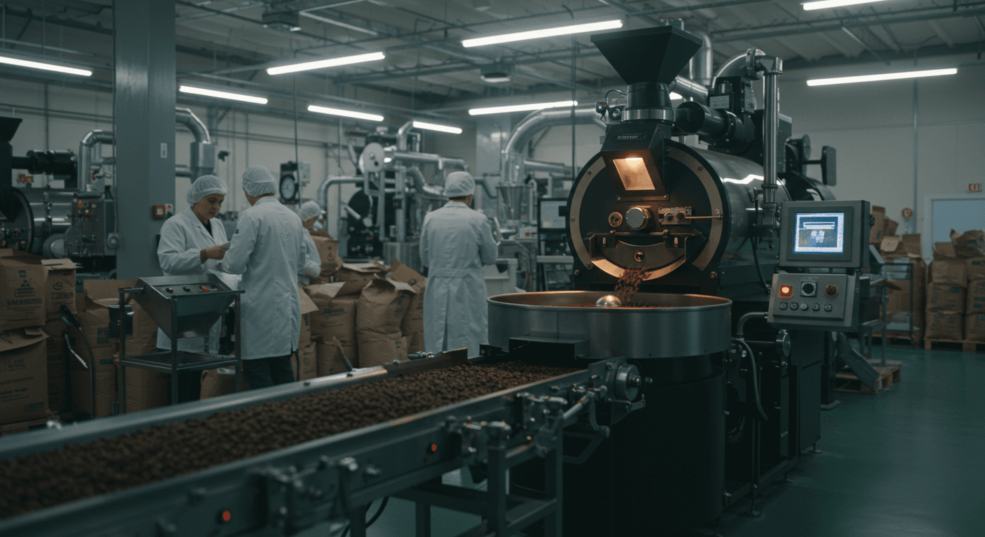 Línea de producción de café (imagen generada por IA)