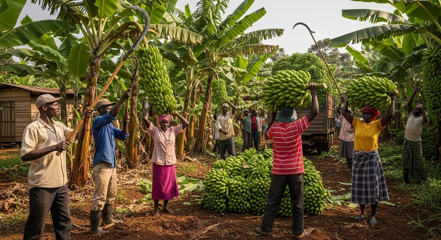 Agricoltori che raccolgono banane in Uganda (immagine generata dall'IA).