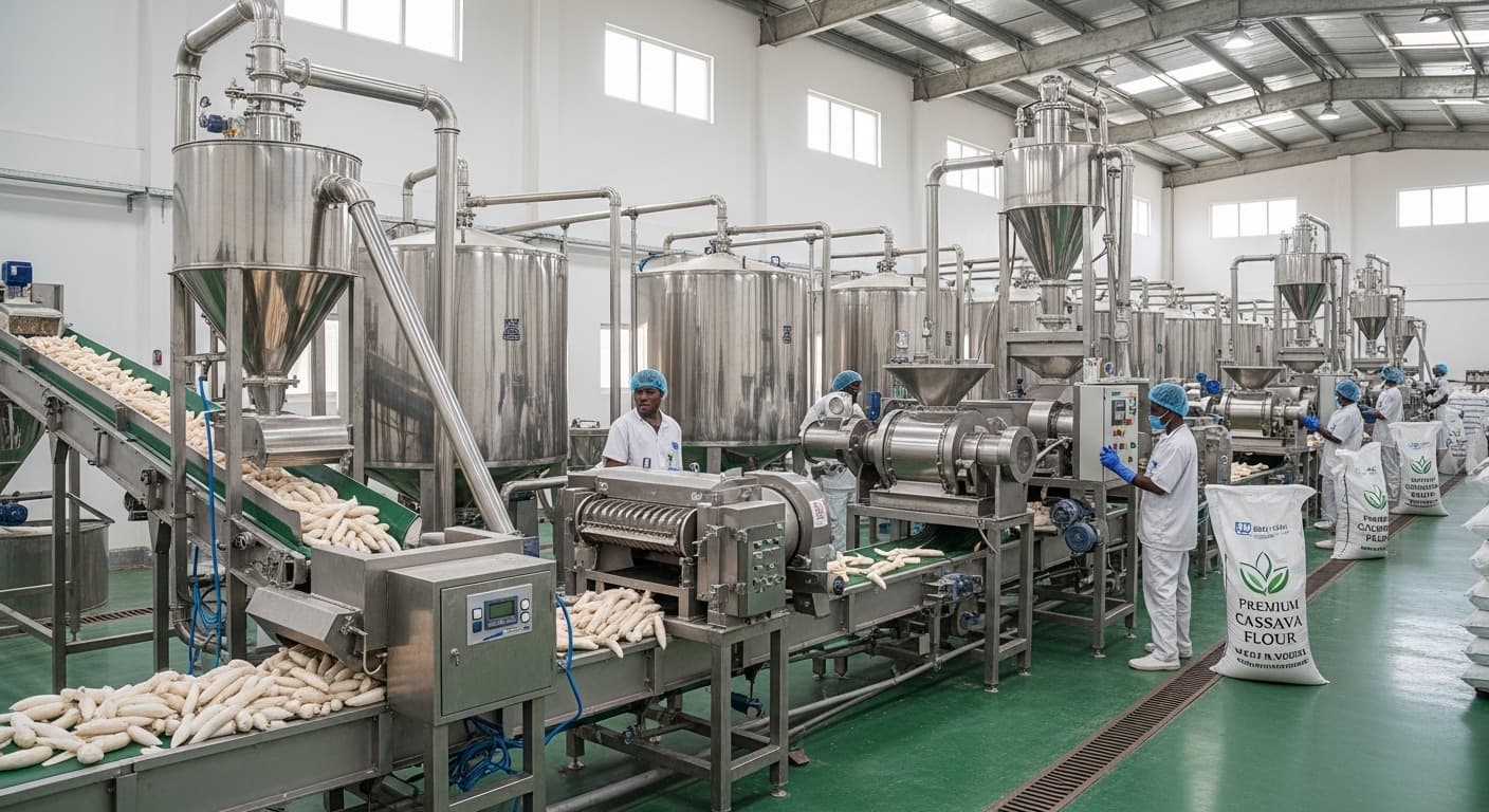 A high-quality cassava flour production line in Nigeria (AI-generated image).