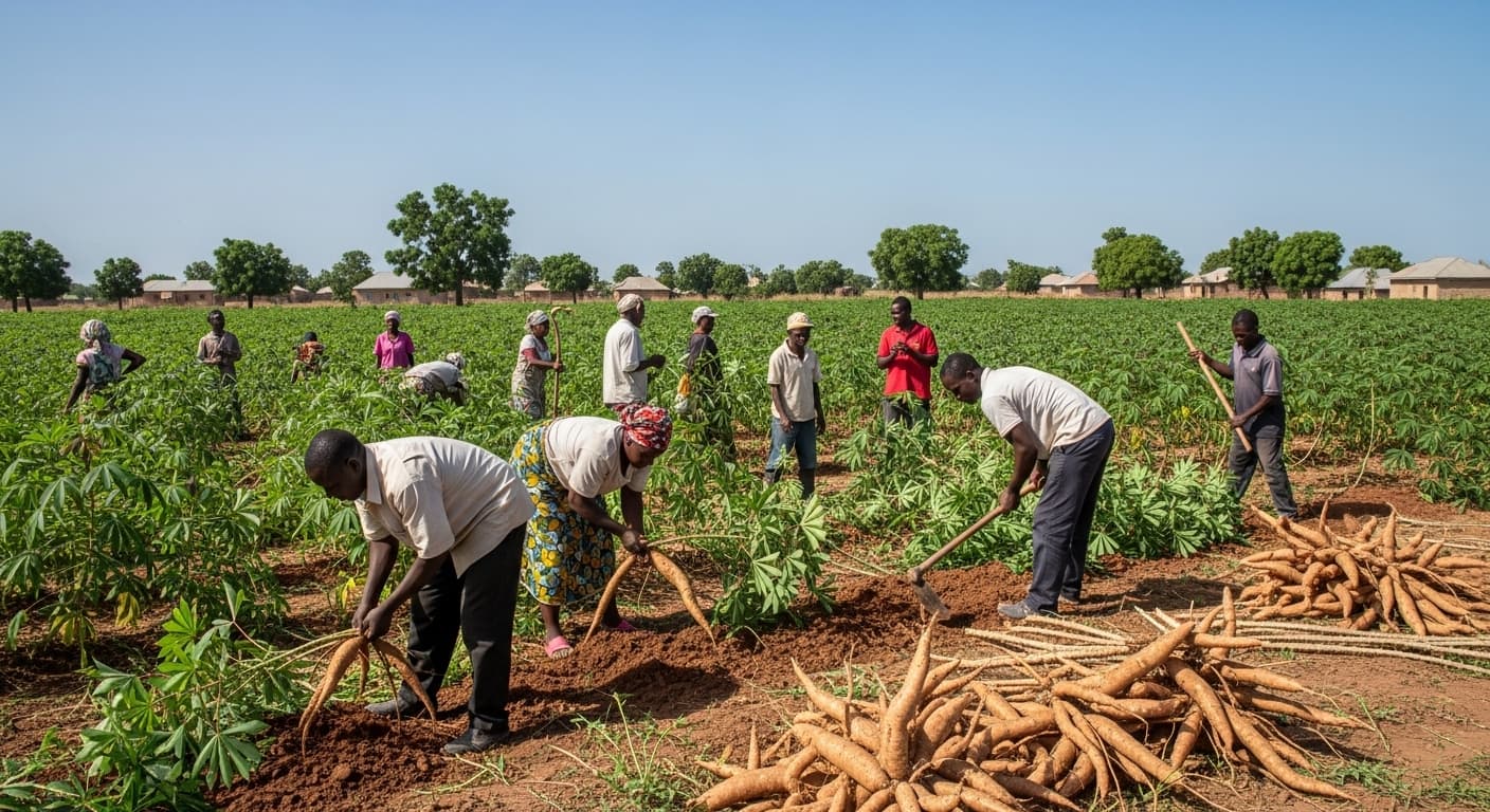Des agriculteurs récoltent du manioc au Nigeria (image générée par l'IA).