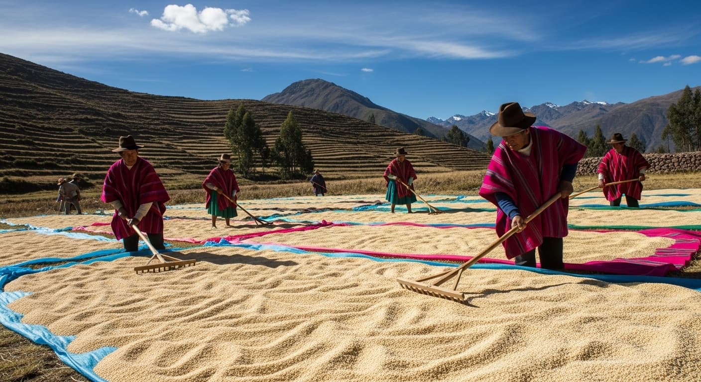 Contadini che essiccano la quinoa in Perù (immagine generata dall'IA).