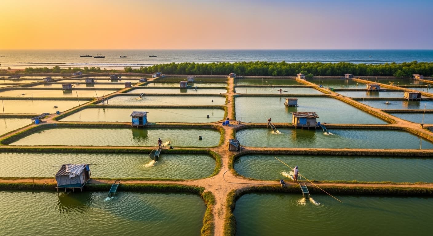 Shrimp farming in India (AI-generated image).