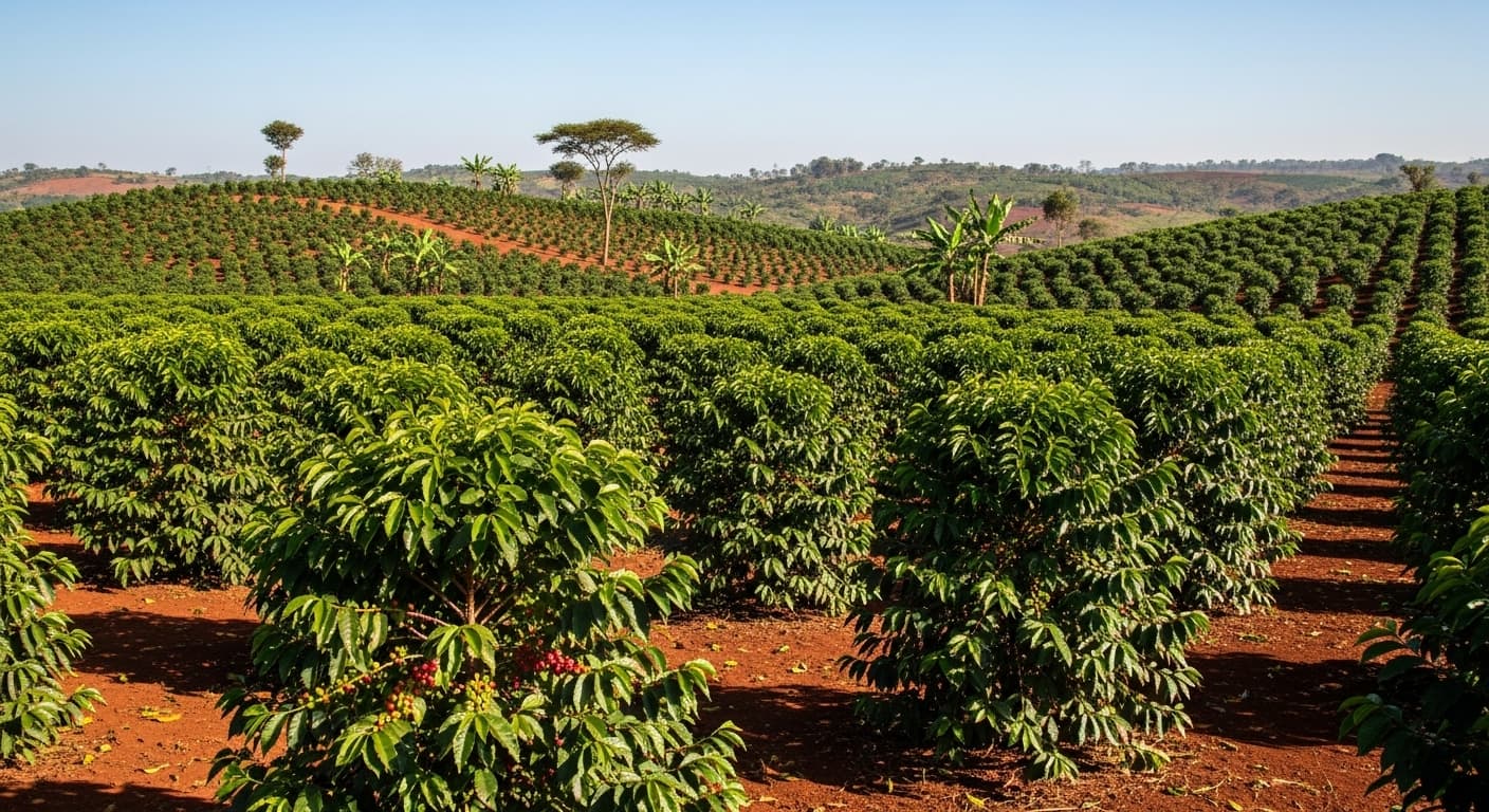 Campo di caffè in Uganda (immagine generata dall'IA)