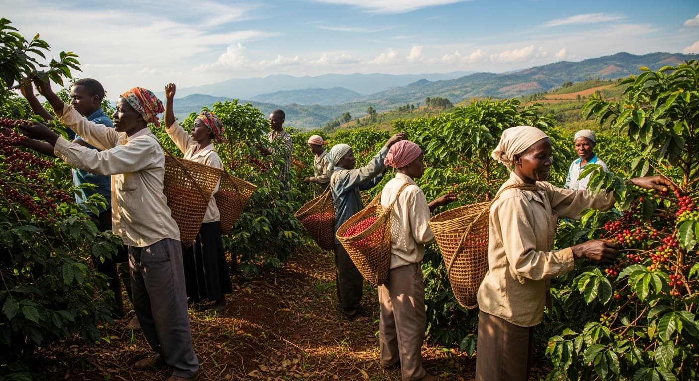 Agricoltori che raccolgono caffè in Uganda (immagine generata dall'IA)