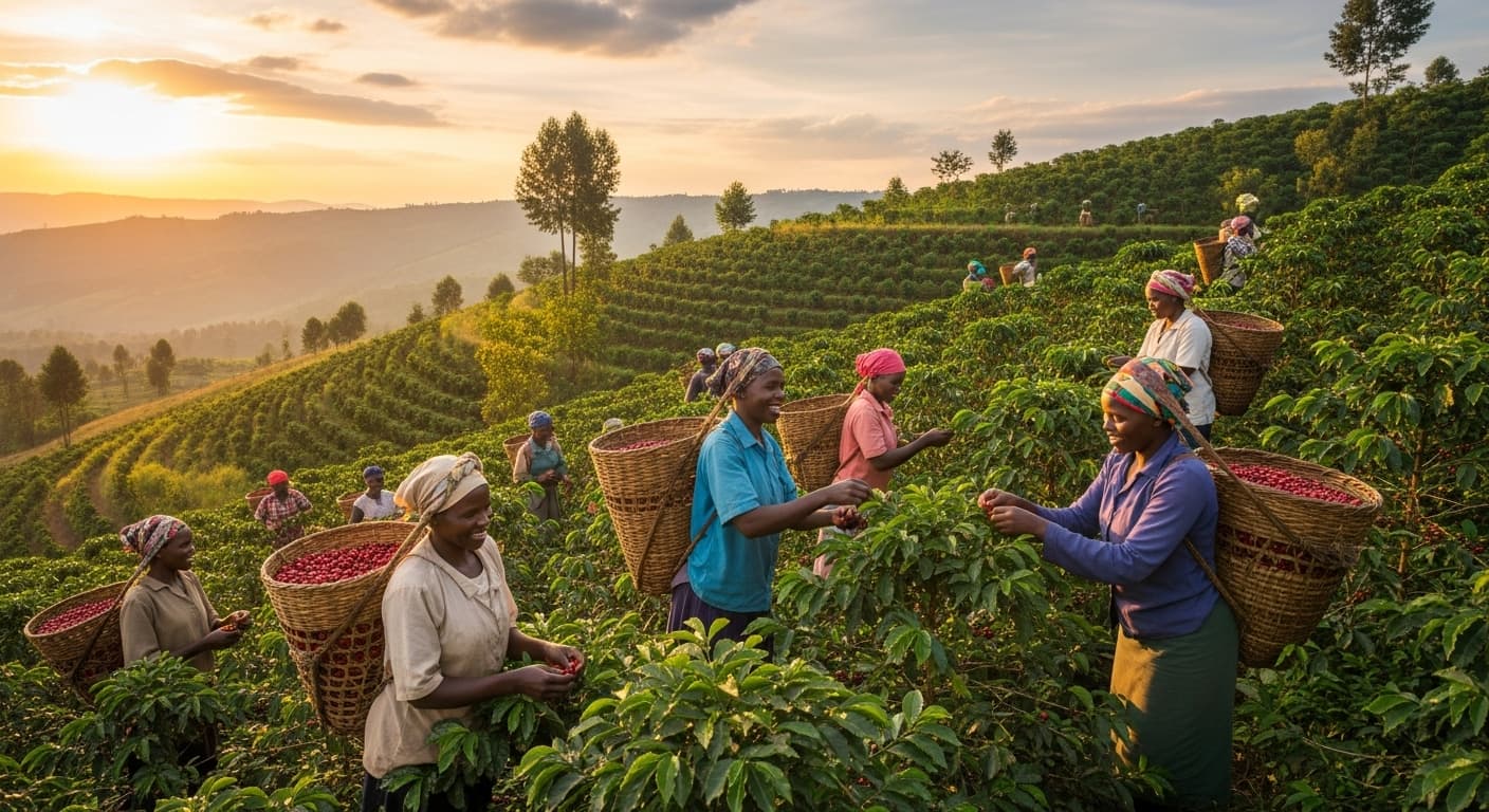 Farmers harvesting coffee in Uganda (AI-generated image)