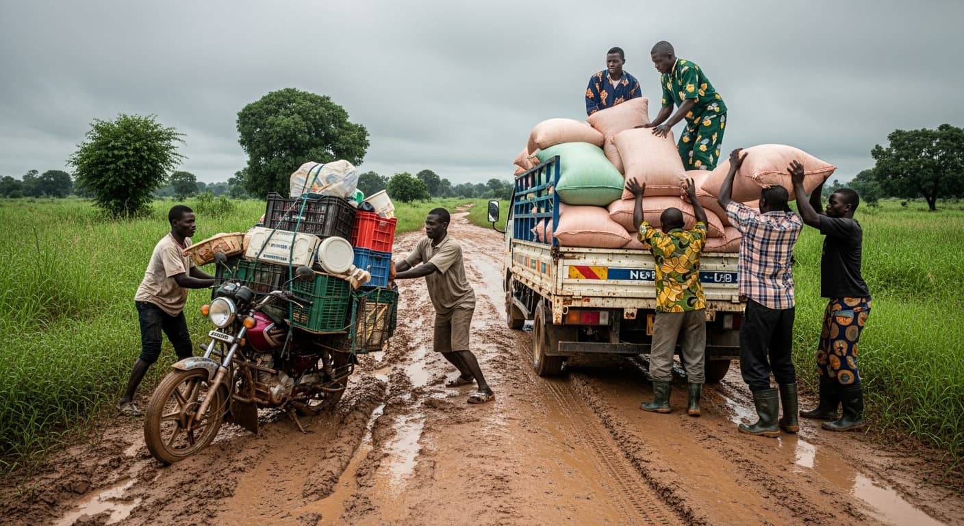 An overloaded motorcycle and a small truck are stuck on a muddy rural road while farmers load maize sacks under a cloudy sky in Ghana (AI-generated image).