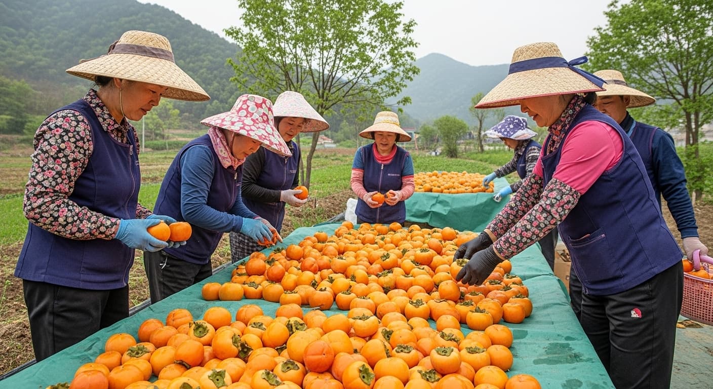 한국 농부들이 익은 감을 수확하는 모습 (AI 생성 이미지).