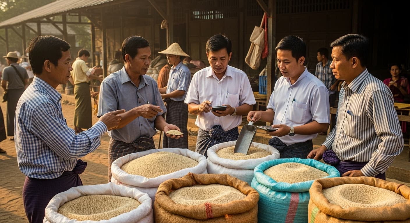 Escena de mercado con comerciantes y agricultores negociando la compra de sésamo en Myanmar (imagen generada por IA).