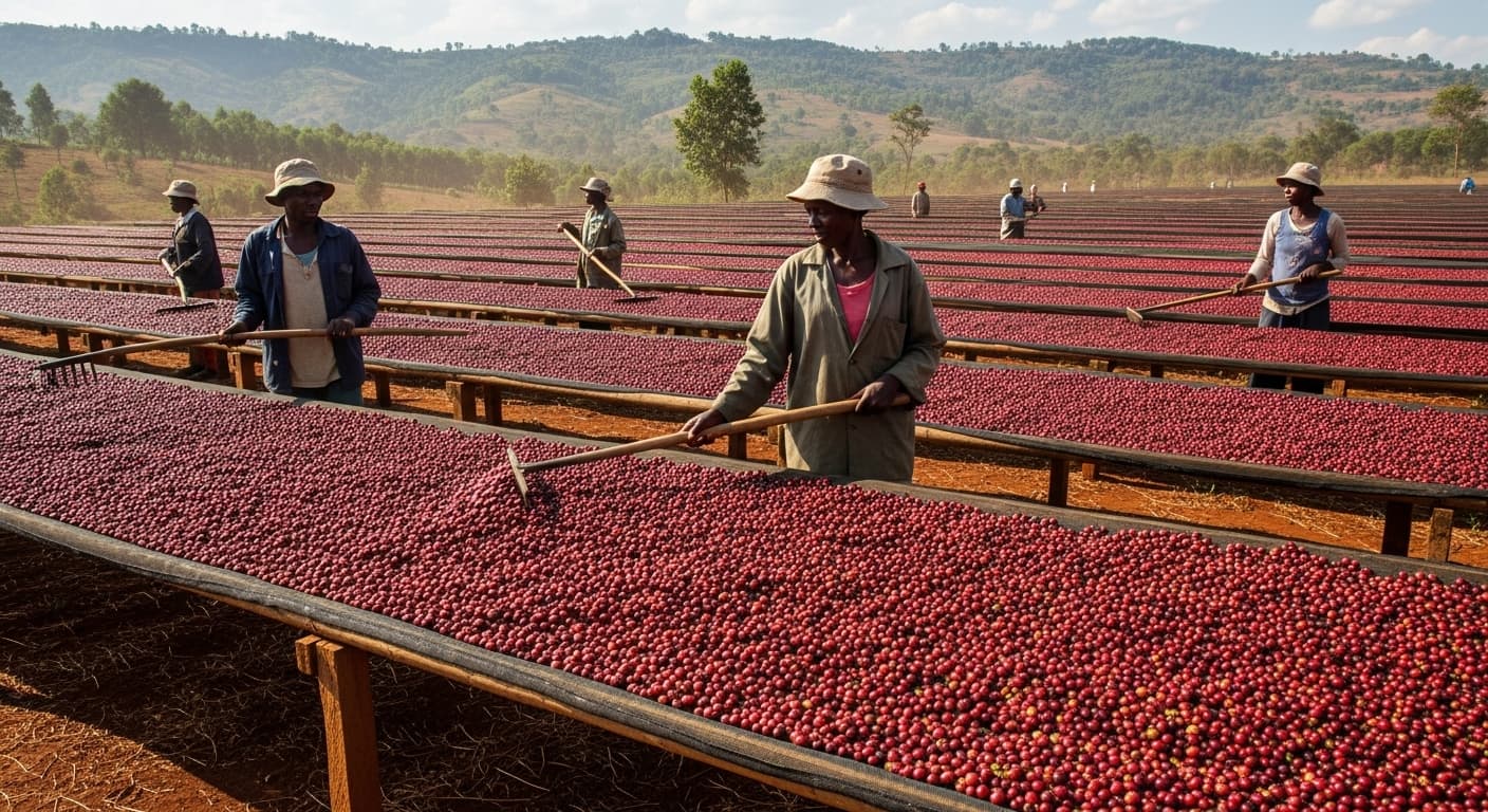 Area esterna di essiccazione del caffè con ciliegie e chicchi di caffè in Uganda (immagine generata dall'IA)