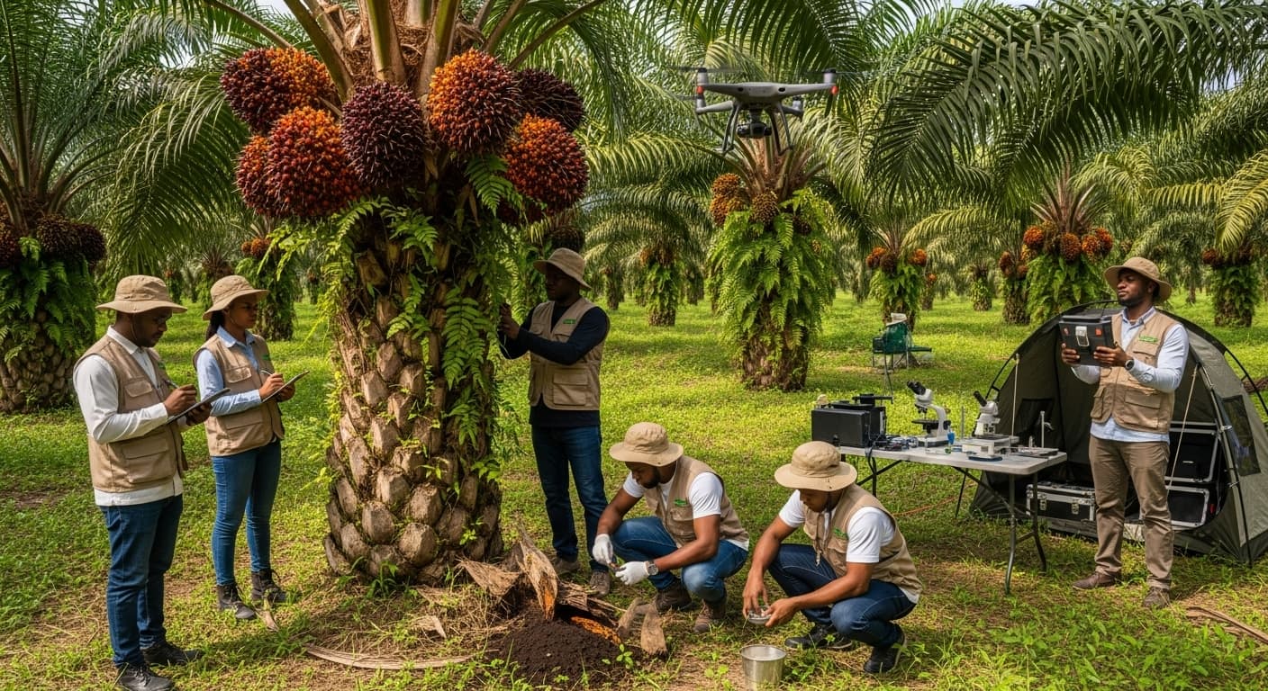 Des chercheurs nigérians mènent des recherches pour améliorer le rendement de l'huile de palme (image générée par l'IA).